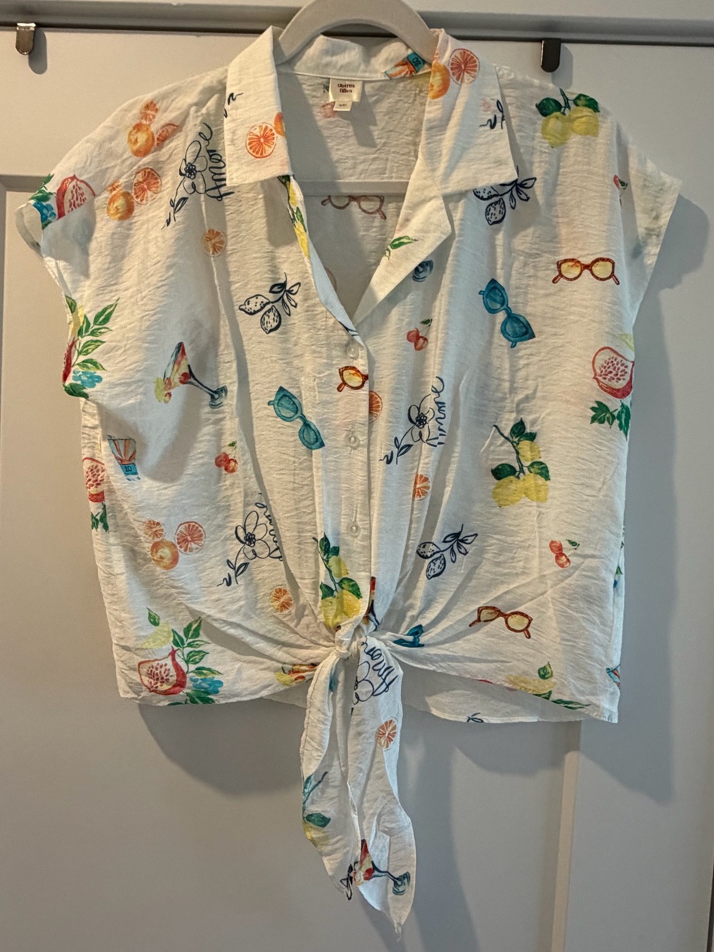 Women’s White Tie-Front Button Shirt with Colorful Fruit Print